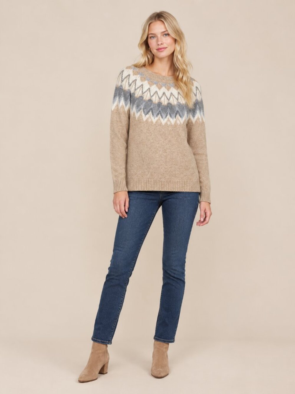 2/$30 Chico's Fair Isle Bateau Neck Sweater Tan Gray 12 #A4014